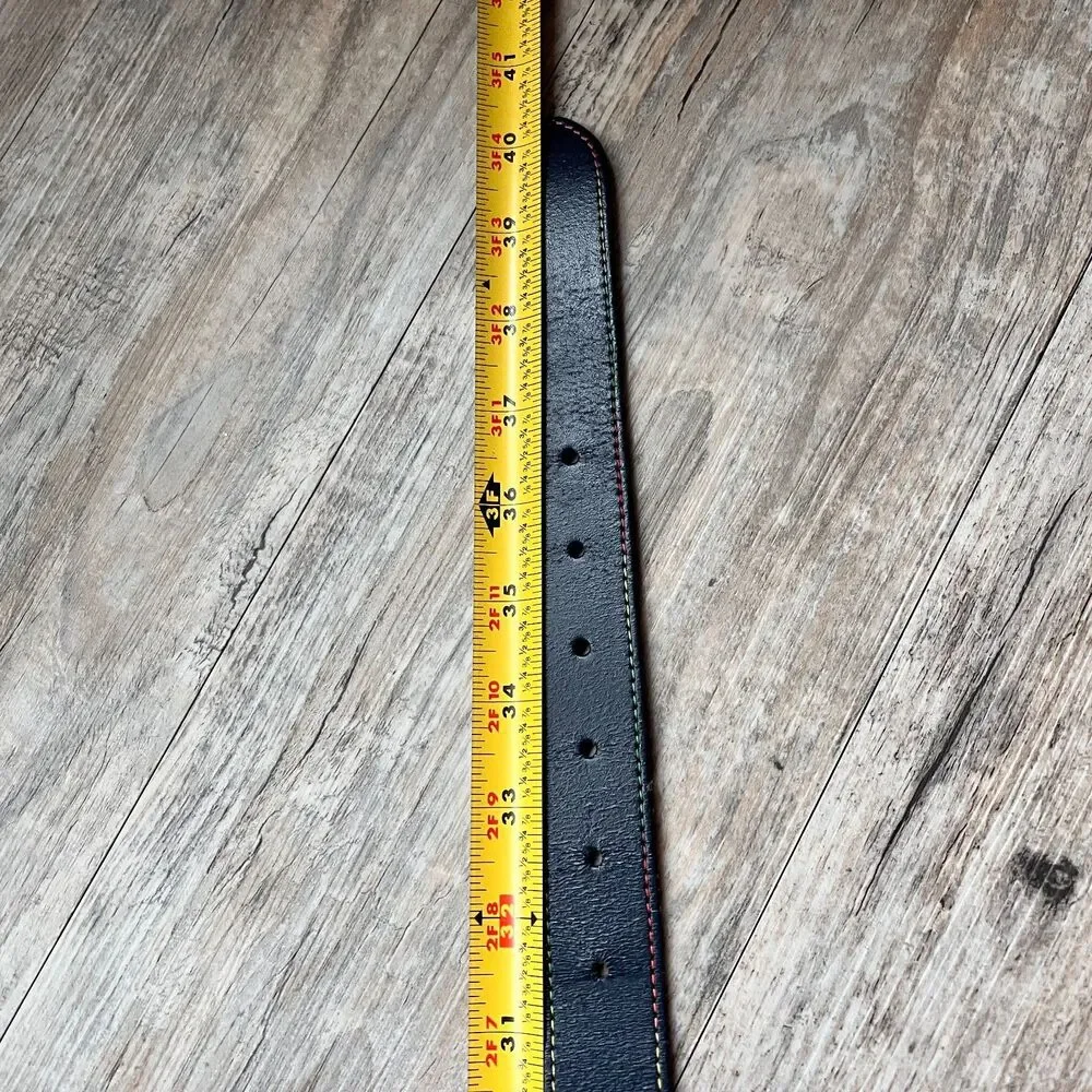 ASOS Genuine Leather Belt Black Rainbow Stitch Size 34 Statement Minimalist